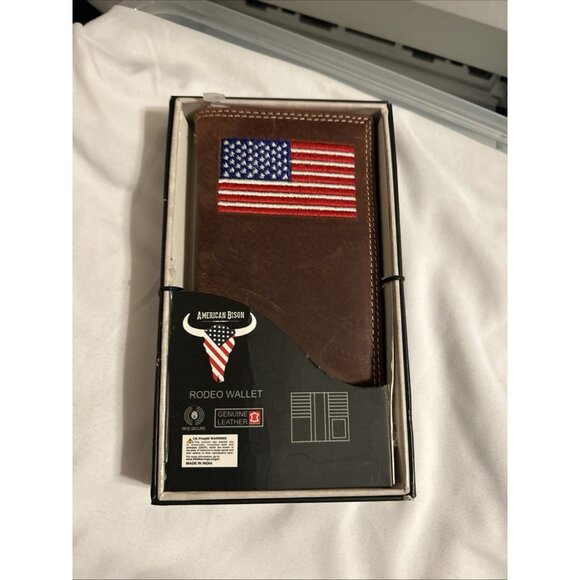 AMERICAN BISON LEATHER RODEO WALLET Genuine Leather Western Cowboy American Flag - Picture 2 of 11
